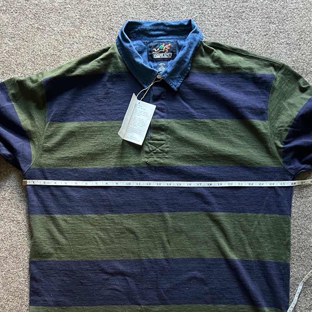 Vintage ‘92 Lands End Rugby Long Sleeve Polo Denim Collar Green Blue Stripe XL - Picture 15 of 16